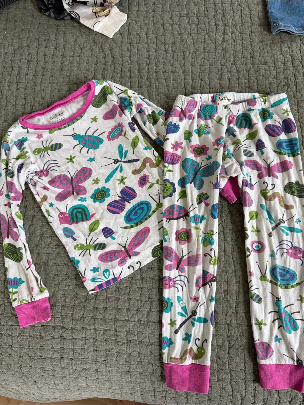 Hatley White Pajama Set with Pink, Teal & Green Bug Print